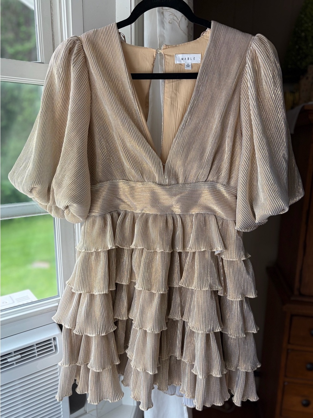 Marble Pleated Ruffled Gold Metallic Mini Party Dress Sz M Glam Coquette EUC